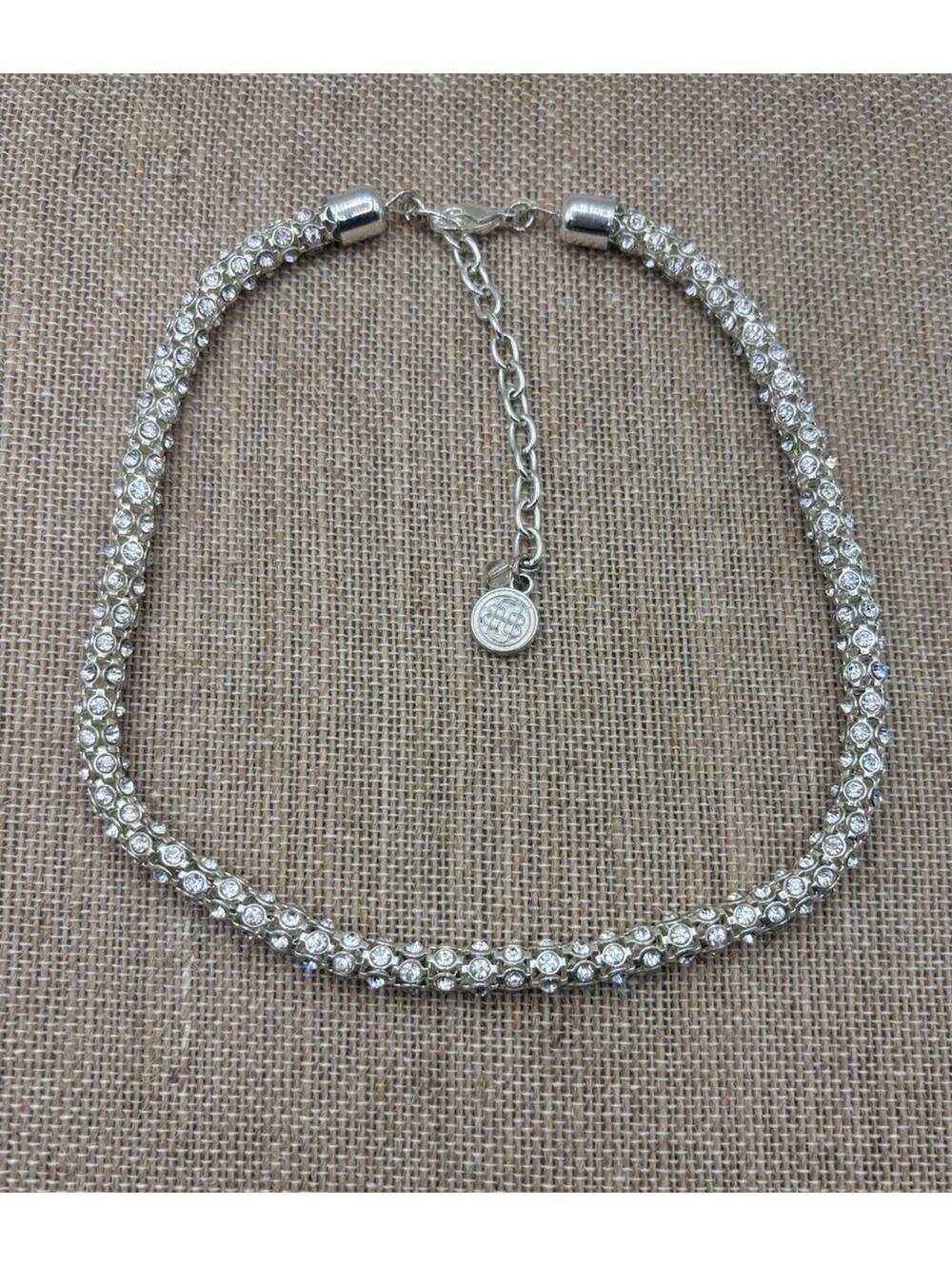 VTG Dana Buchman Signed Rhinestone Silver Tone Metal Rope Snake Chain Necklace